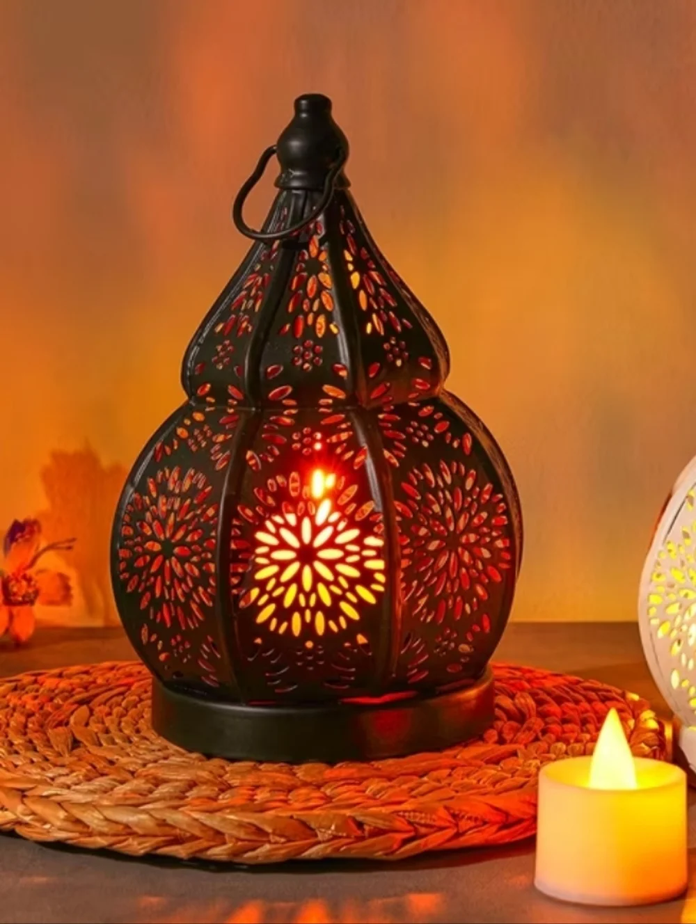 NEW! Ornate Black Metal Lantern Candle Holder